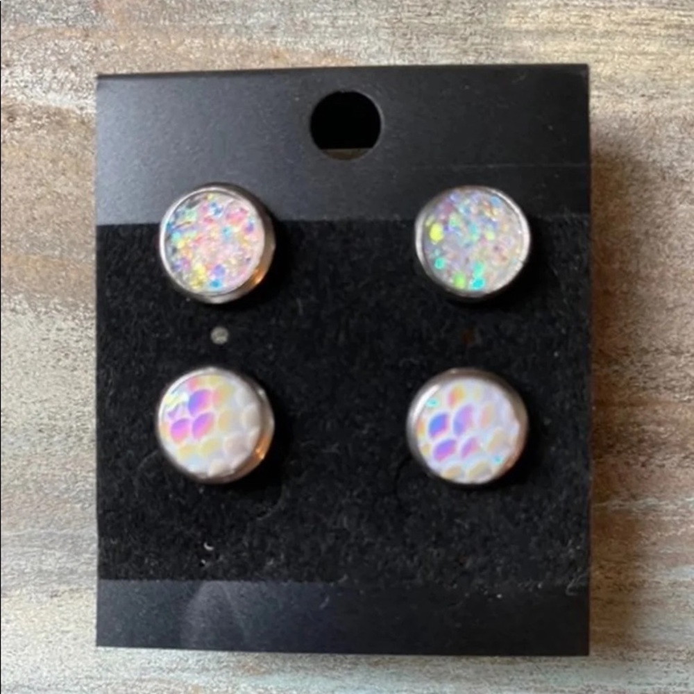 NEW Faux Druzy Iridescent Stud Earrings Set
